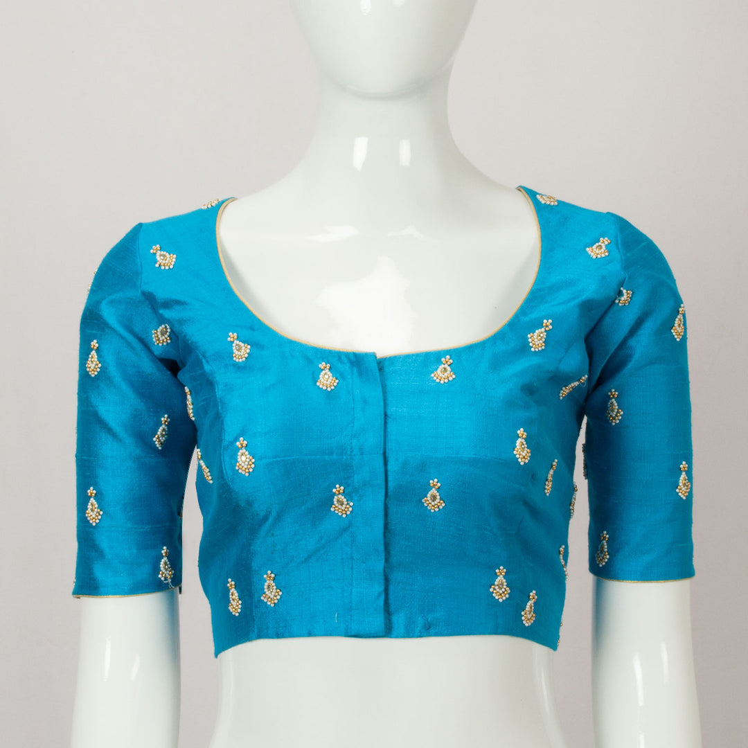 Blue Aari Embroidered Raw Silk Blouse - Avishya