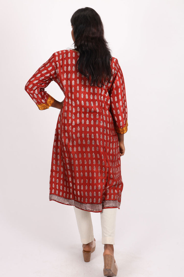 Red Handcrafted Bagh Printed Modal Silk Kurta