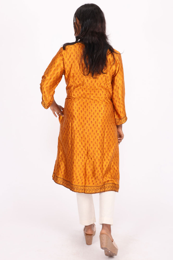 Yellow Handcrafted Bagh Printed Modal Silk Kurta