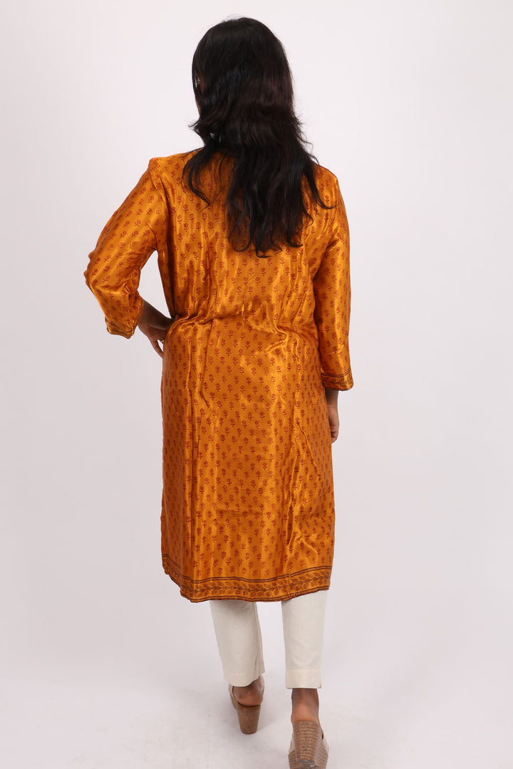 Yellow Handcrafted Bagh Printed Modal Silk Kurta