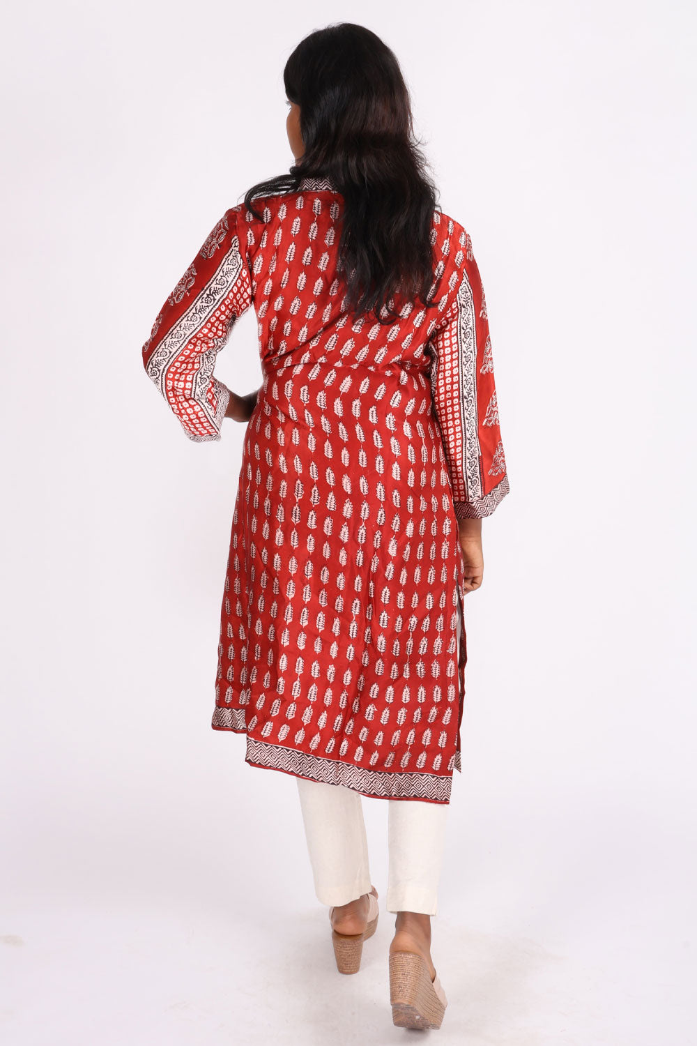 Red Handcrafted Bagh Printed Modal Silk Kurta