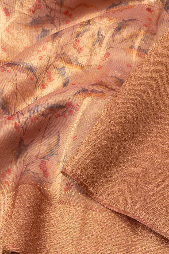 Golden Pink Floral Printed Tissue Organza Saree - Avishya