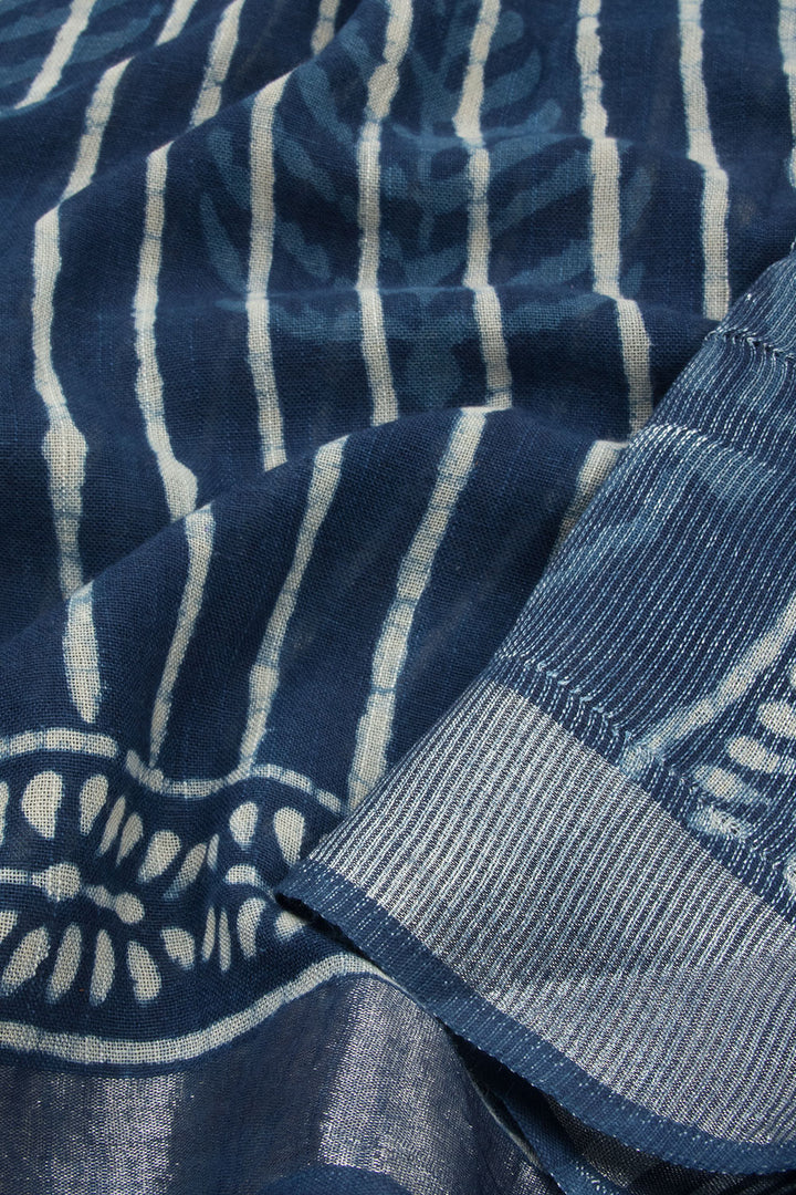 Space Blue Hand Block Printed linen saree-Avishya