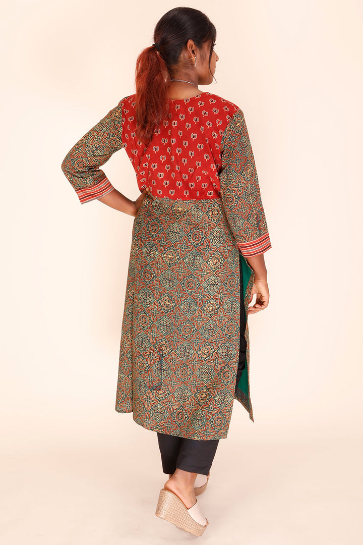 Patch Work Ajrakh Printed Cotton Kurta 10067393