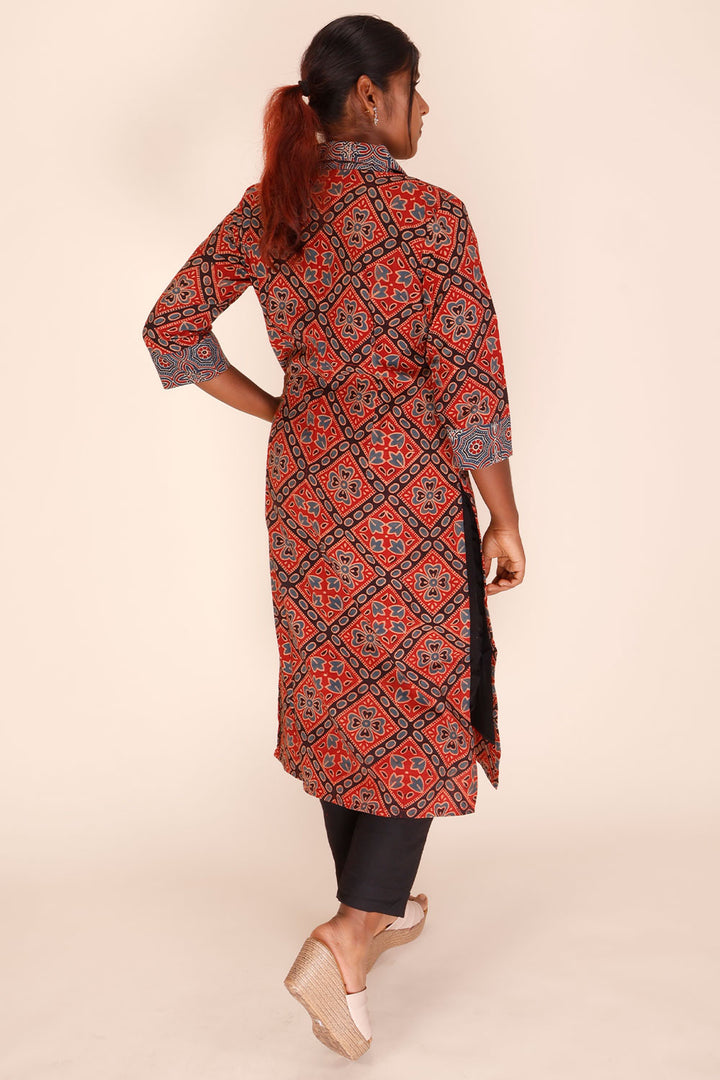 Red Ajrakh Printed Cotton Kurta 10067394