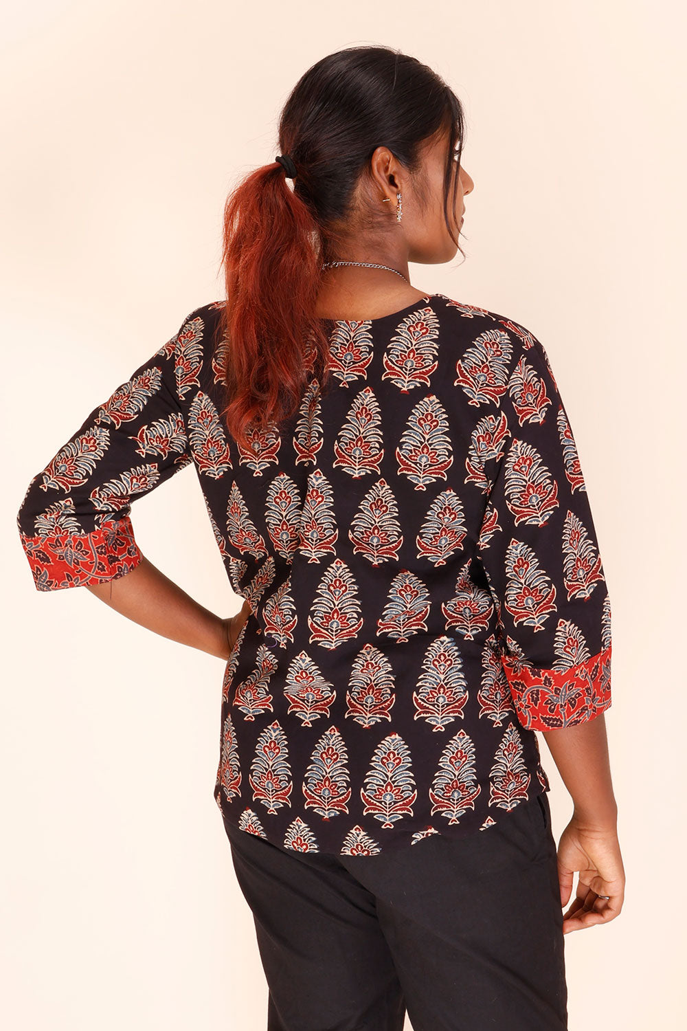 Black Ajrakh Printed Cotton Short Top 10067401