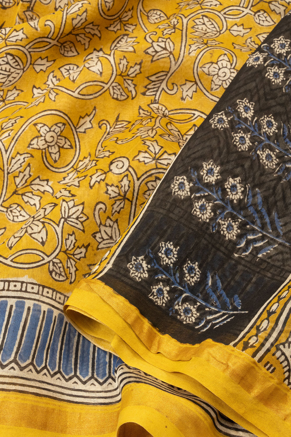 Yellow Vanaspathi Hand block Printed Silk Cotton Saree - Avishya