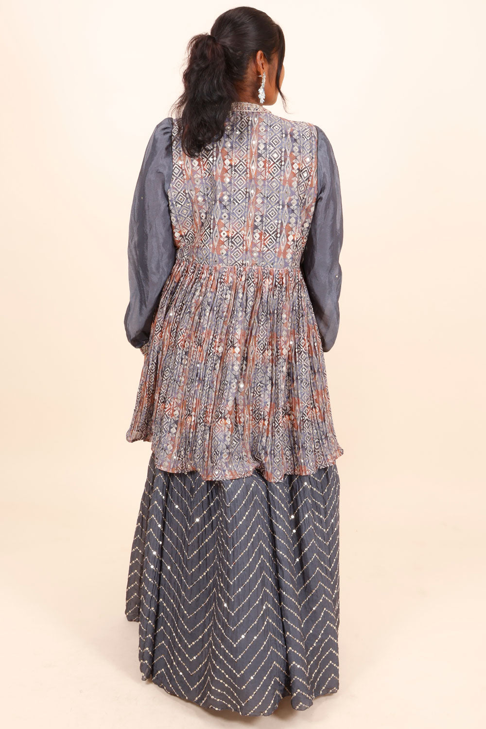 Grey Net Silk Embroidered Jacket Lehenga 