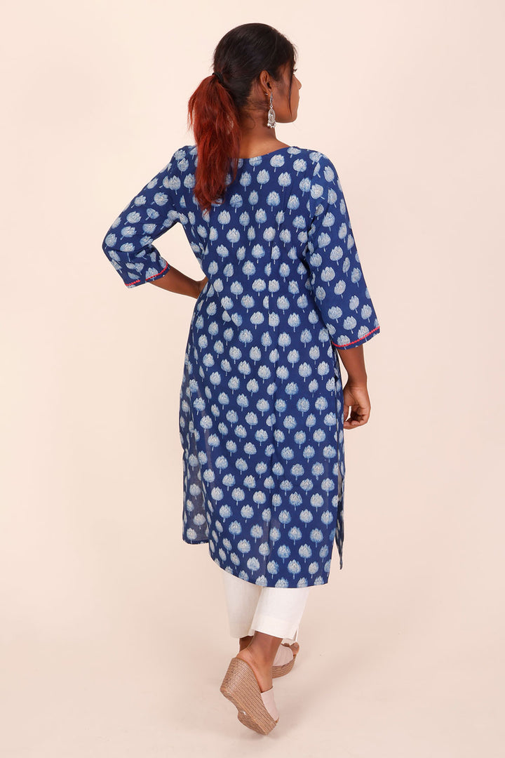 Indigo Dyed & Embroidered Dabu Printed Cotton Kurta 10068992 - Avishya