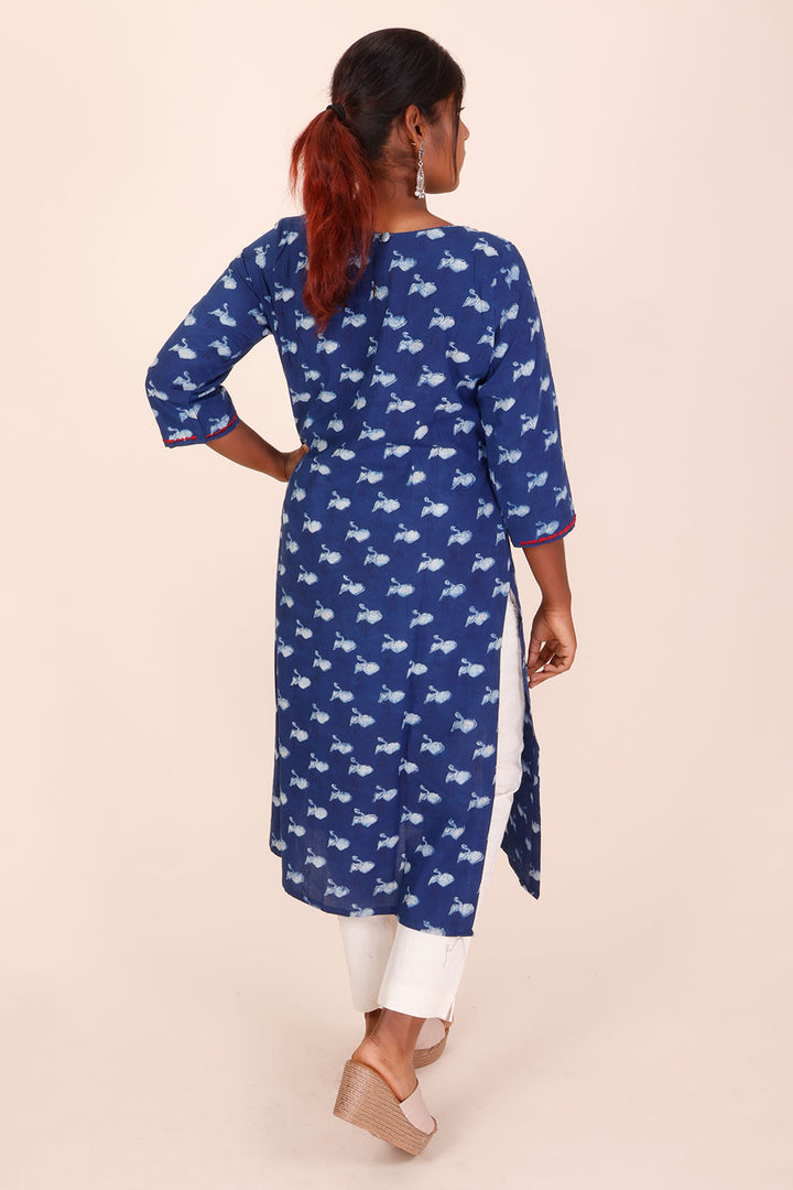 Indigo Dyed & Embroidered Dabu Printed Cotton Kurta 10068997 - Avishya