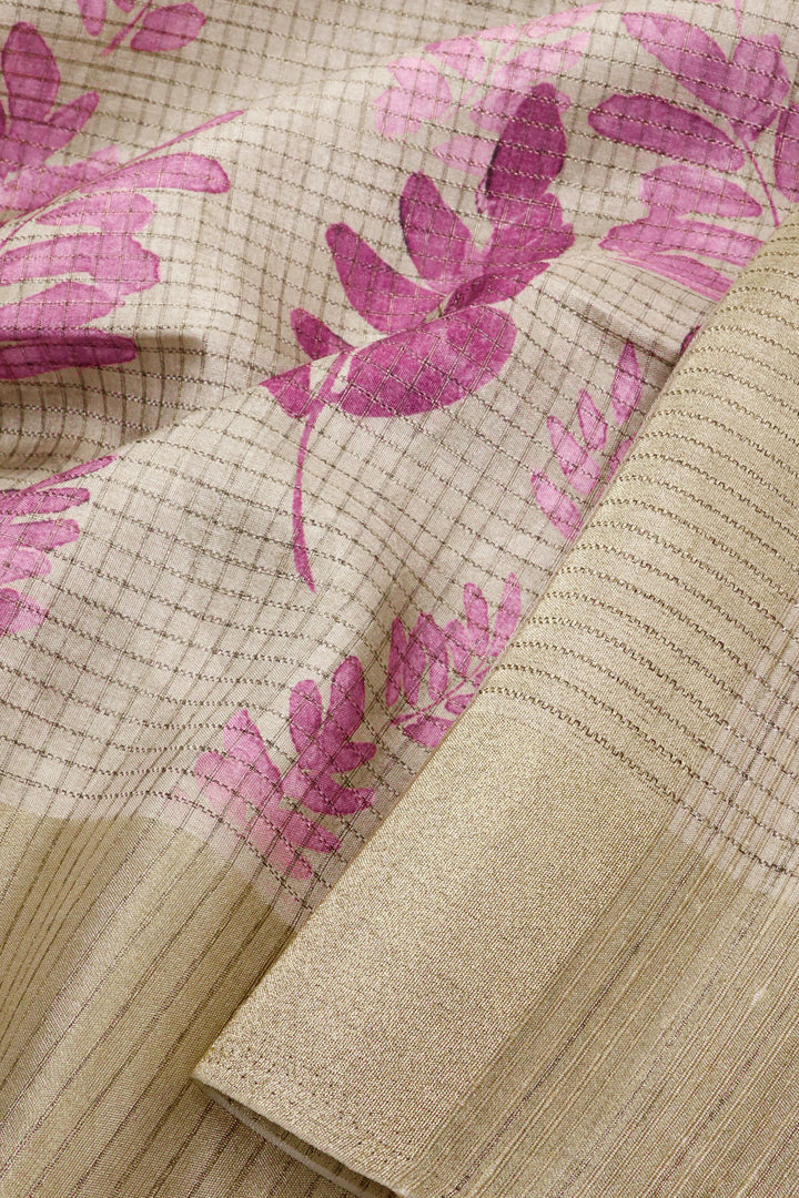 Beige Printed Tussar Silk Saree