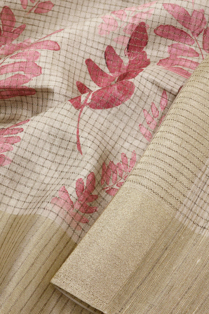 Beige Printed Tussar Silk Saree