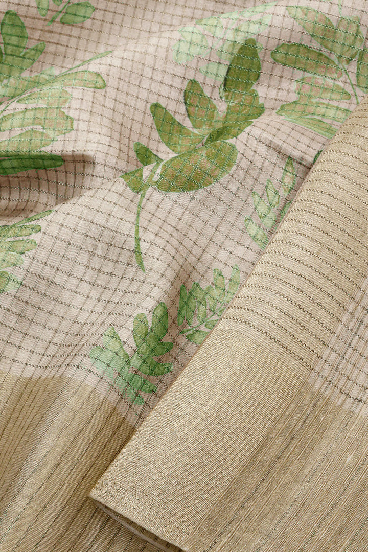 Beige Printed Tussar Silk Saree