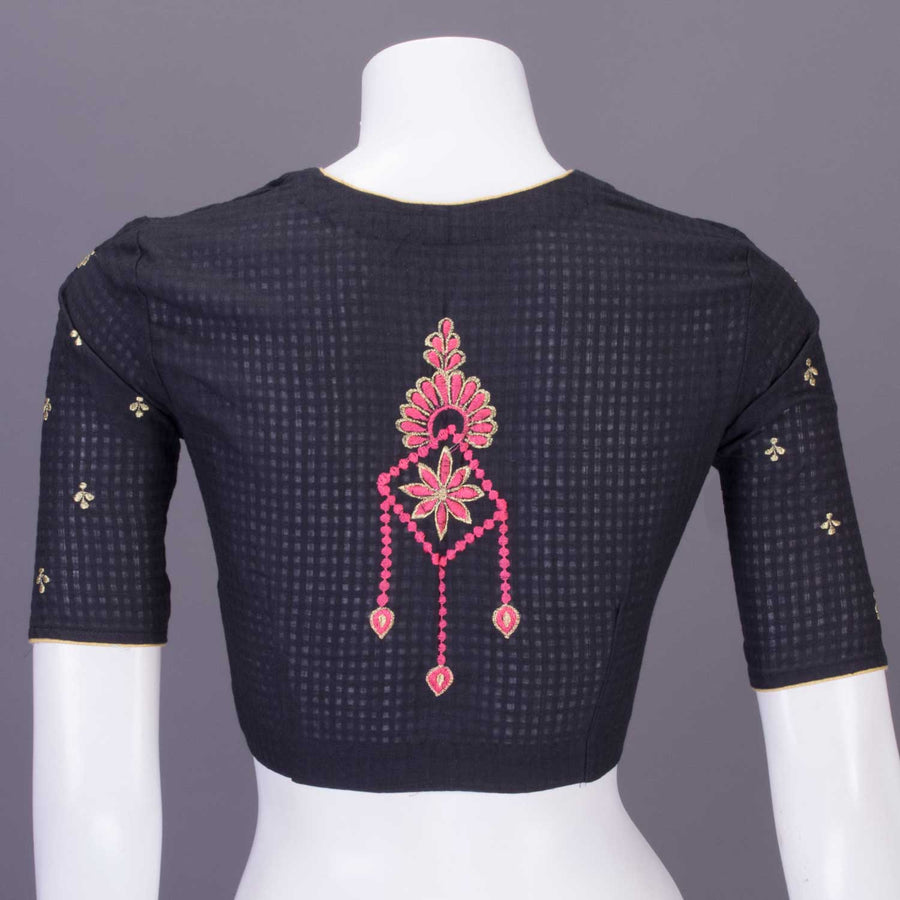 Black Slub Cotton Embroidered Blouse