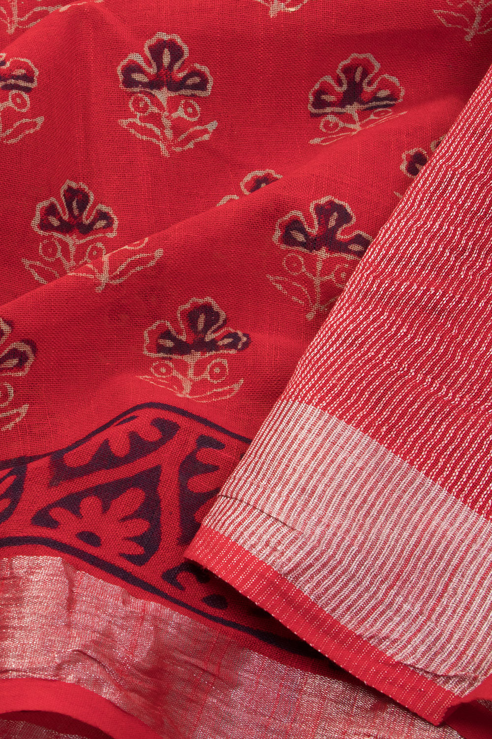 Red Hand Block Printed linen saree 10070874