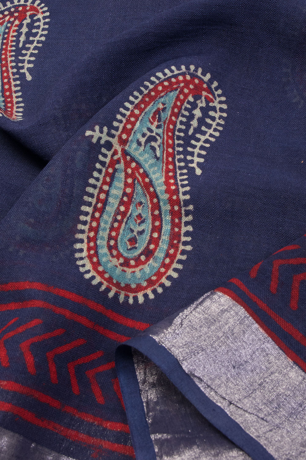 Blue Hand Block Printed linen saree