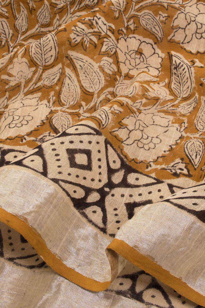 Yellow Hand Block Printed linen saree