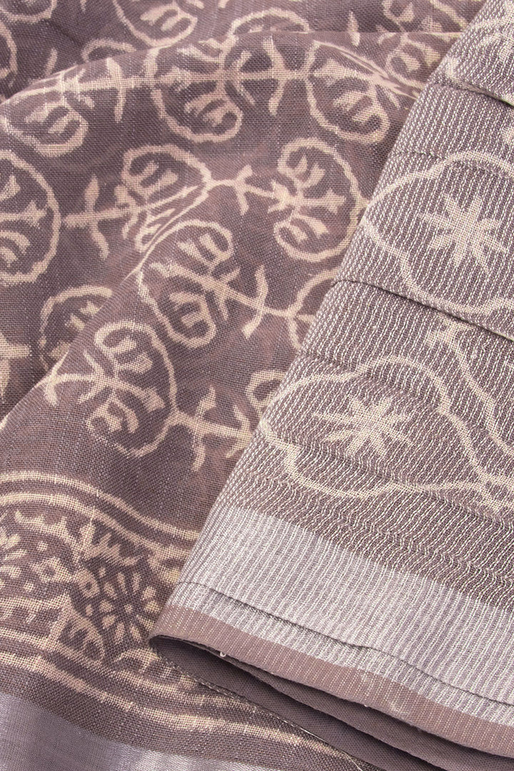 Brown Hand Block Printed linen saree