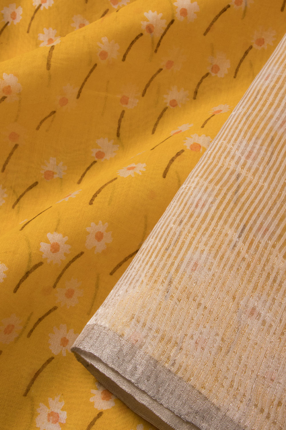 Yellow Handloom Printed Chanderi Silk Cotton Saree