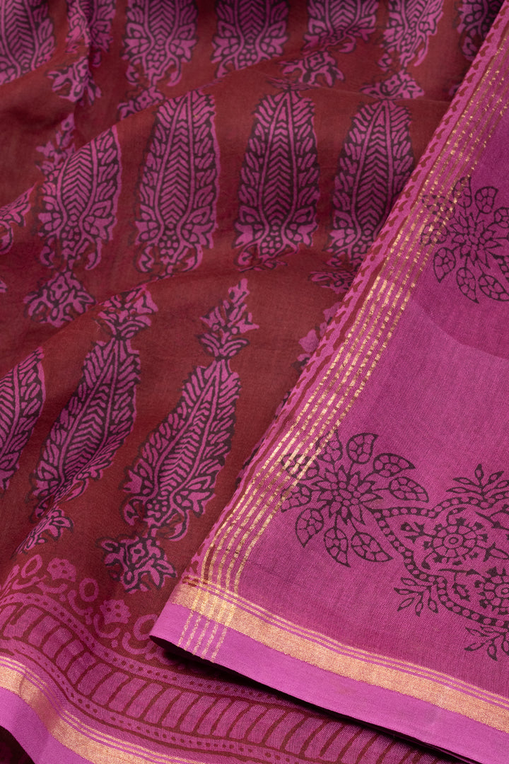 Raspberry Brown Bagh Printed Silk Cotton Saree 10071006 - Avishya