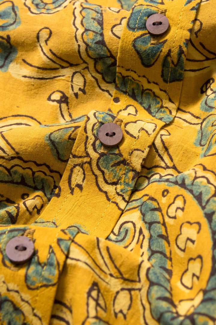 Yellow Half Sleeve Ajrakh Printed Cotton Mens Shirt 