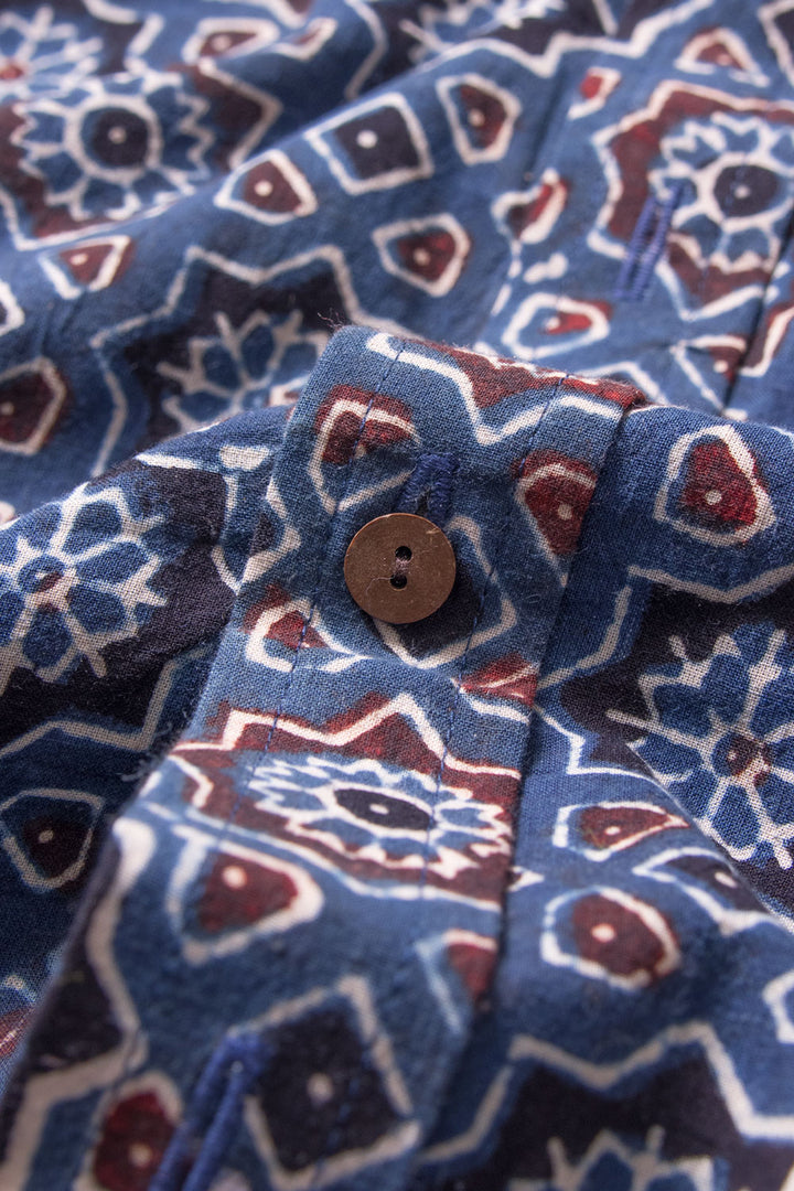 Blue Half Sleeve Ajrakh Printed Cotton Mens Shirt