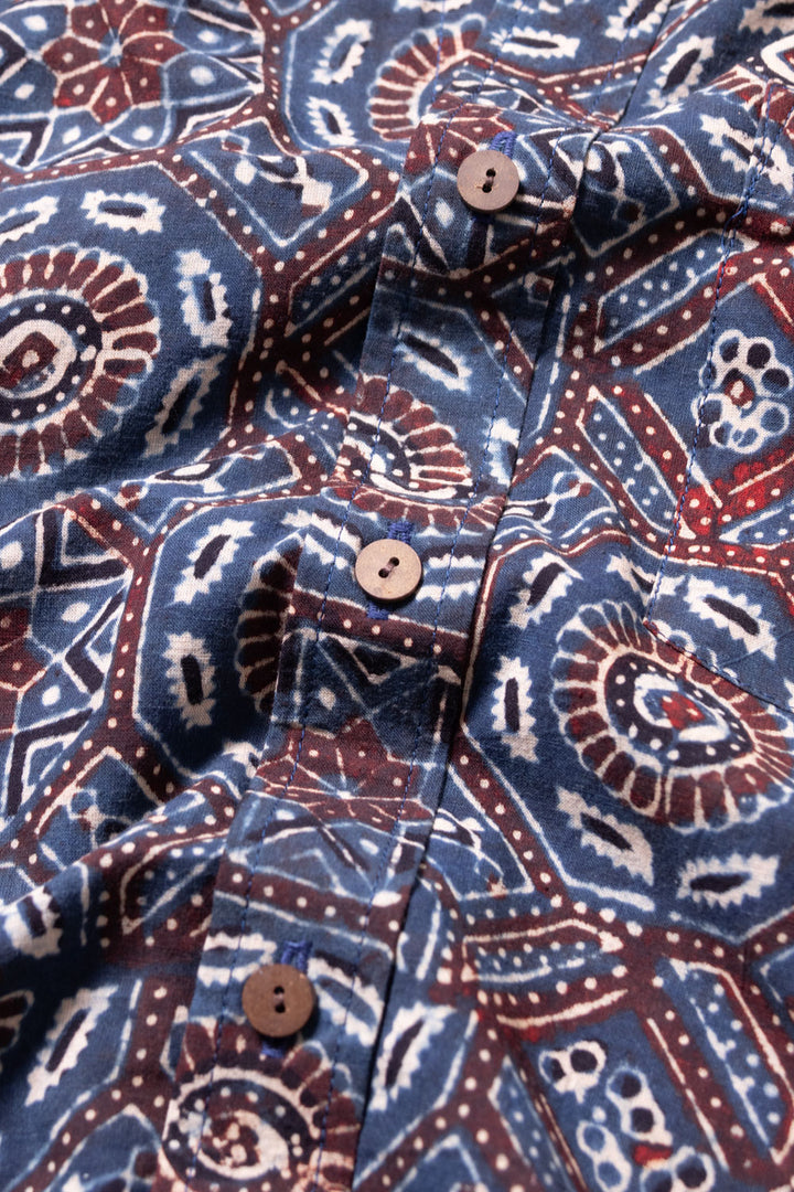 Blue Half Sleeve Ajrakh Printed Cotton Mens Shirt