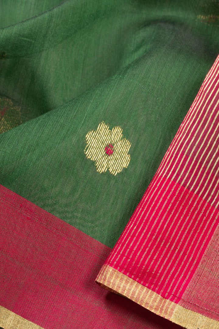 Green Chanderi Silk Cotton Saree With Ganga Jamuna Border