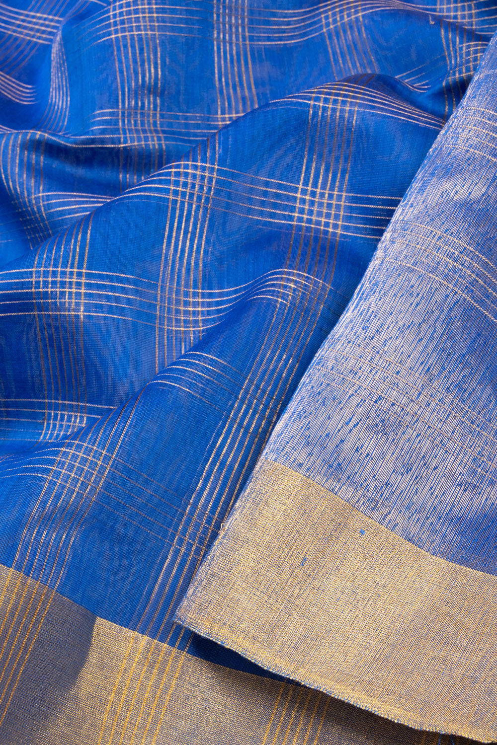 Azure Blue Handwoven Chanderi Silk Cotton Saree With Zari Checks