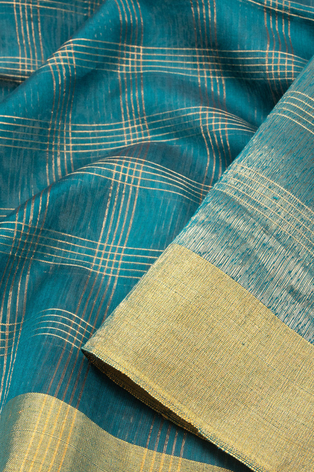 Blue Handwoven Chanderi Silk Cotton Saree With Zari Checks