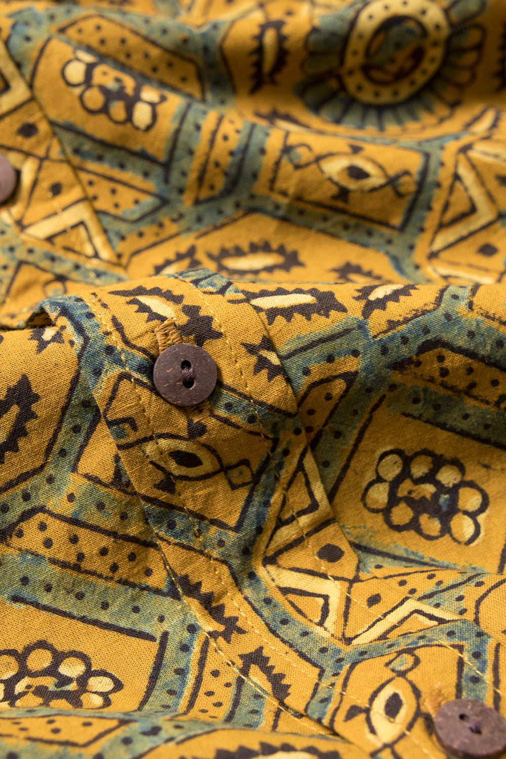 Yellow Full Sleeve Ajrakh Printed Cotton Mens Shirt