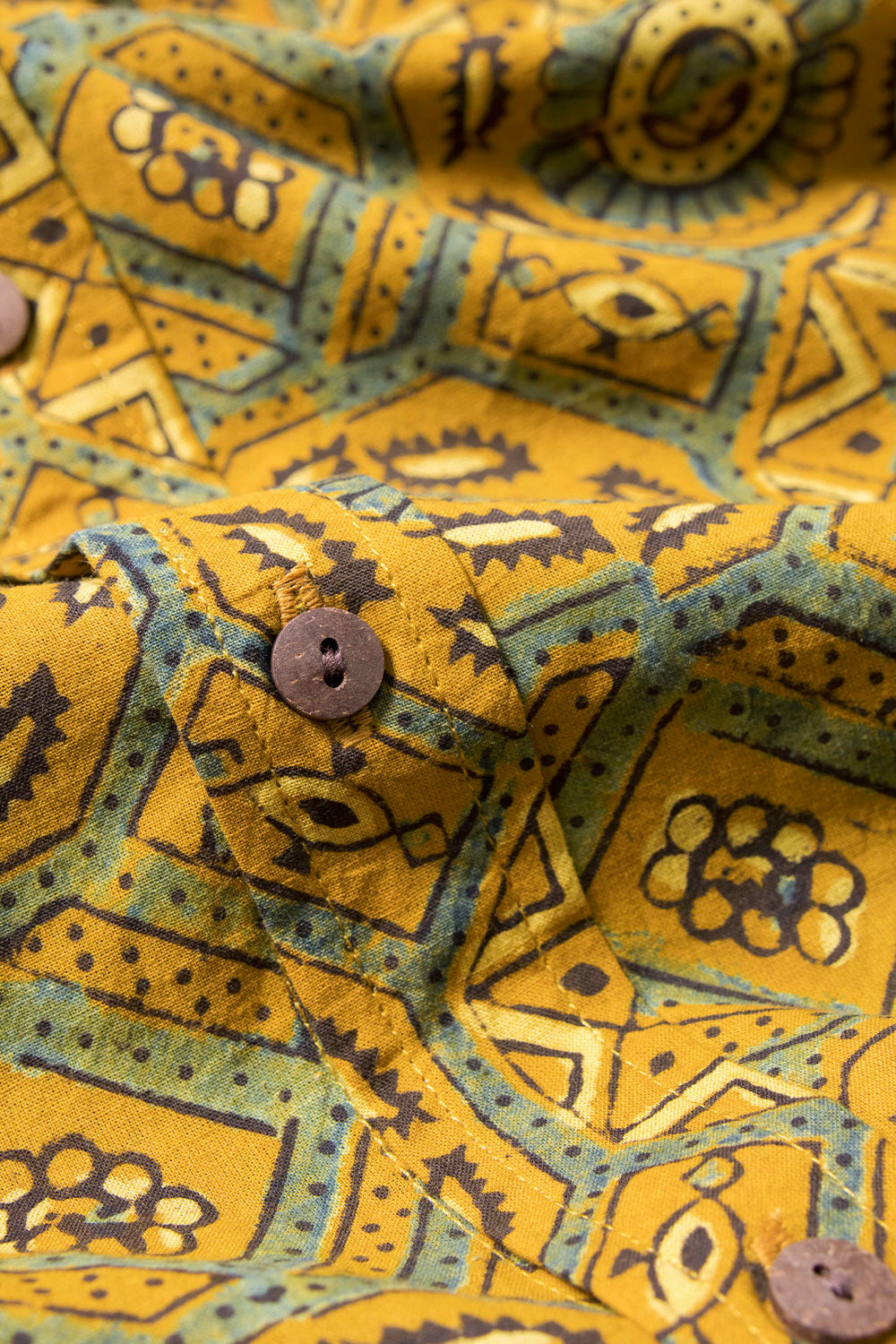 Yellow Half Sleeve Ajrakh Printed Cotton Mens Shirt