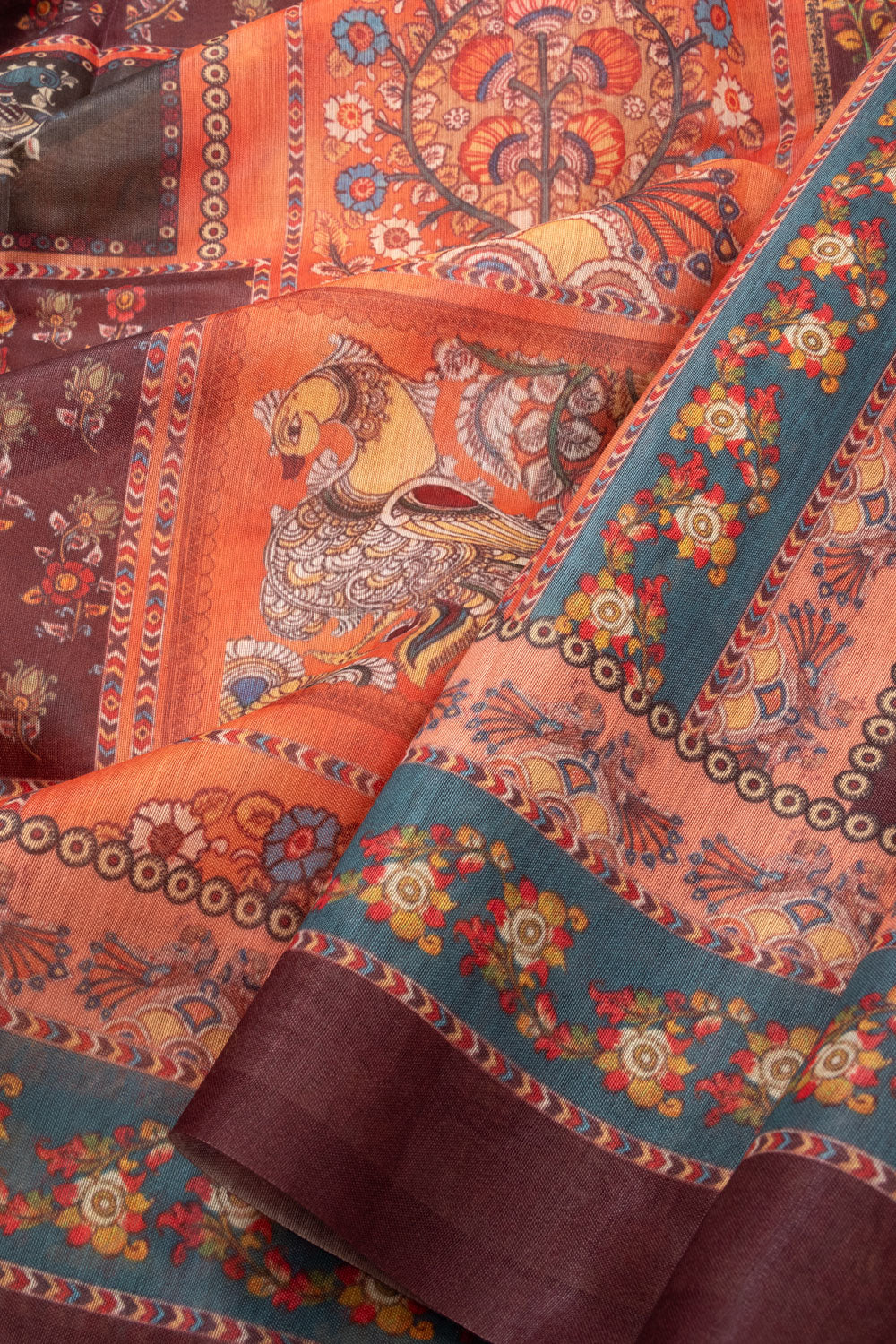 Orange Kalamkari Printed Malai Cotton Saree