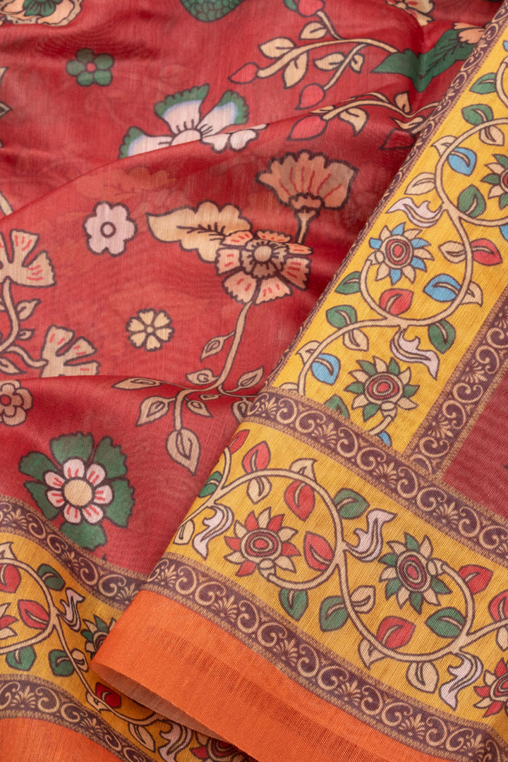 Auburn Maroon Printed Kalamkari Malai Cotton Saree