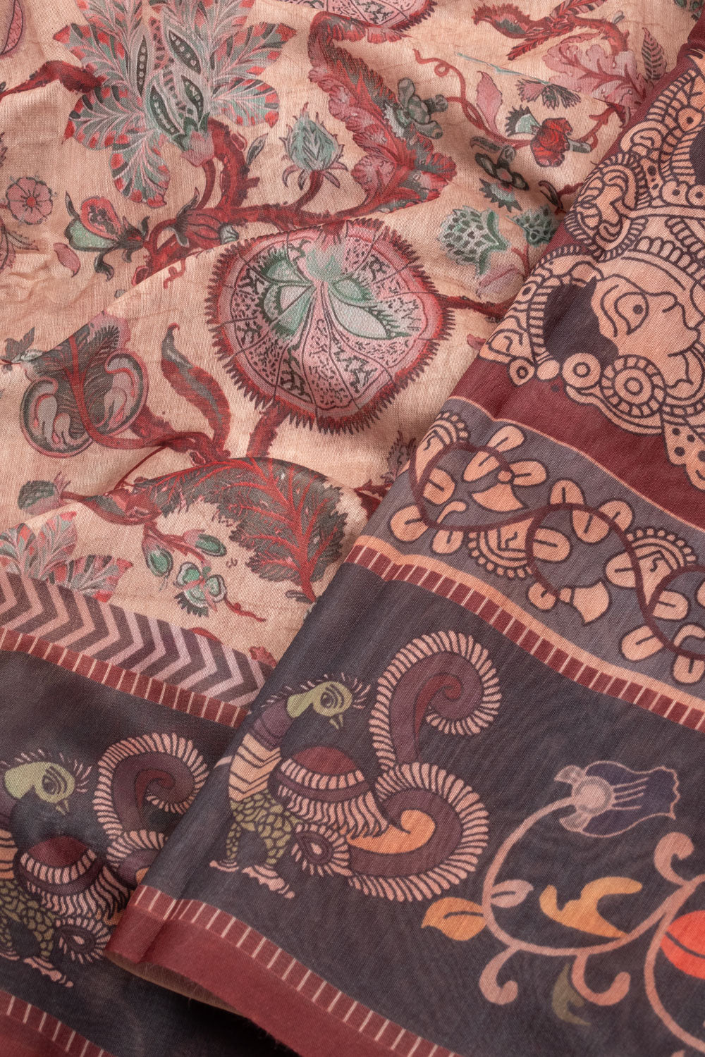 Dusky Mauve Kalamkari Print Malai Cotton Saree 