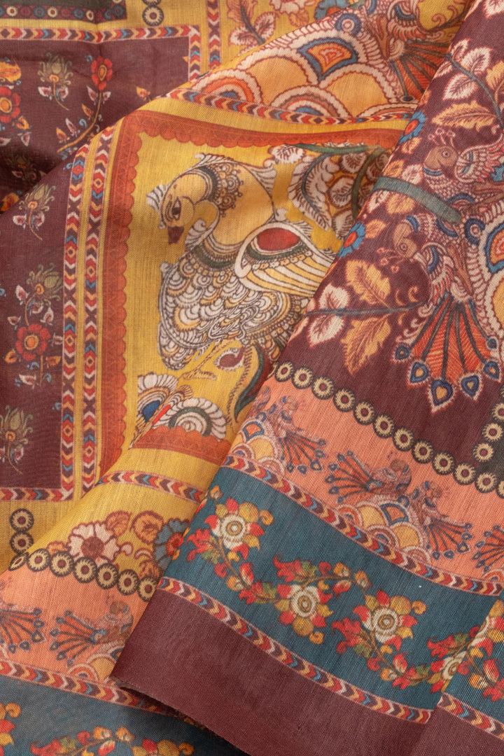 Deep Maroon Kalamkari Print Malai Cotton Saree