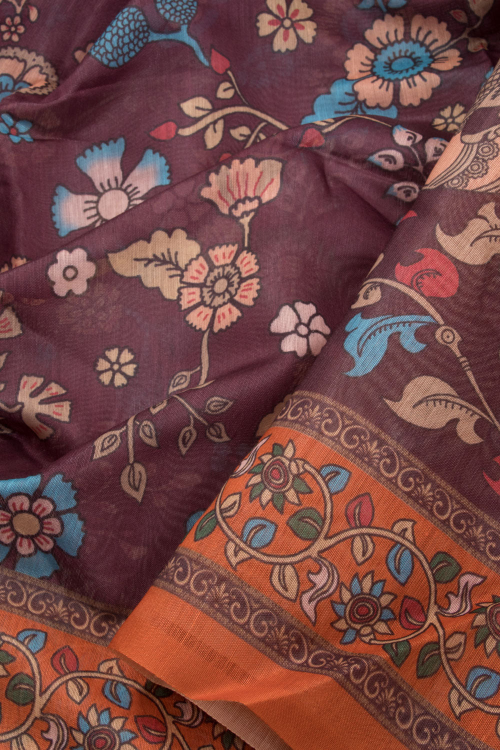 Brown Kalamkari Print Malai Cotton Saree