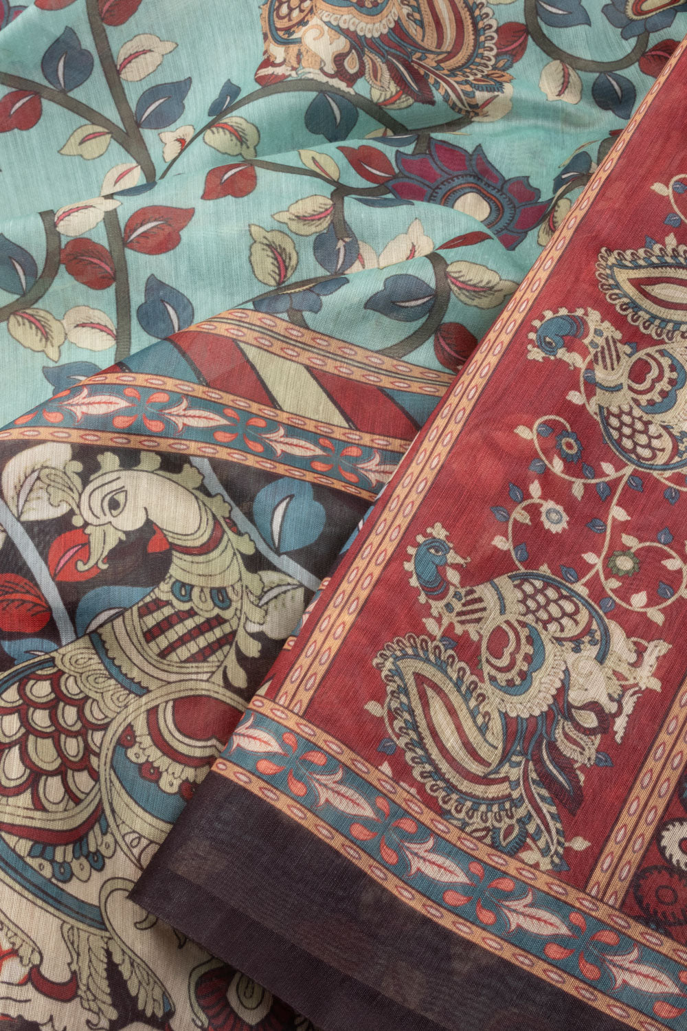 Powder Blue Kalamkari Print Malai Cotton Saree