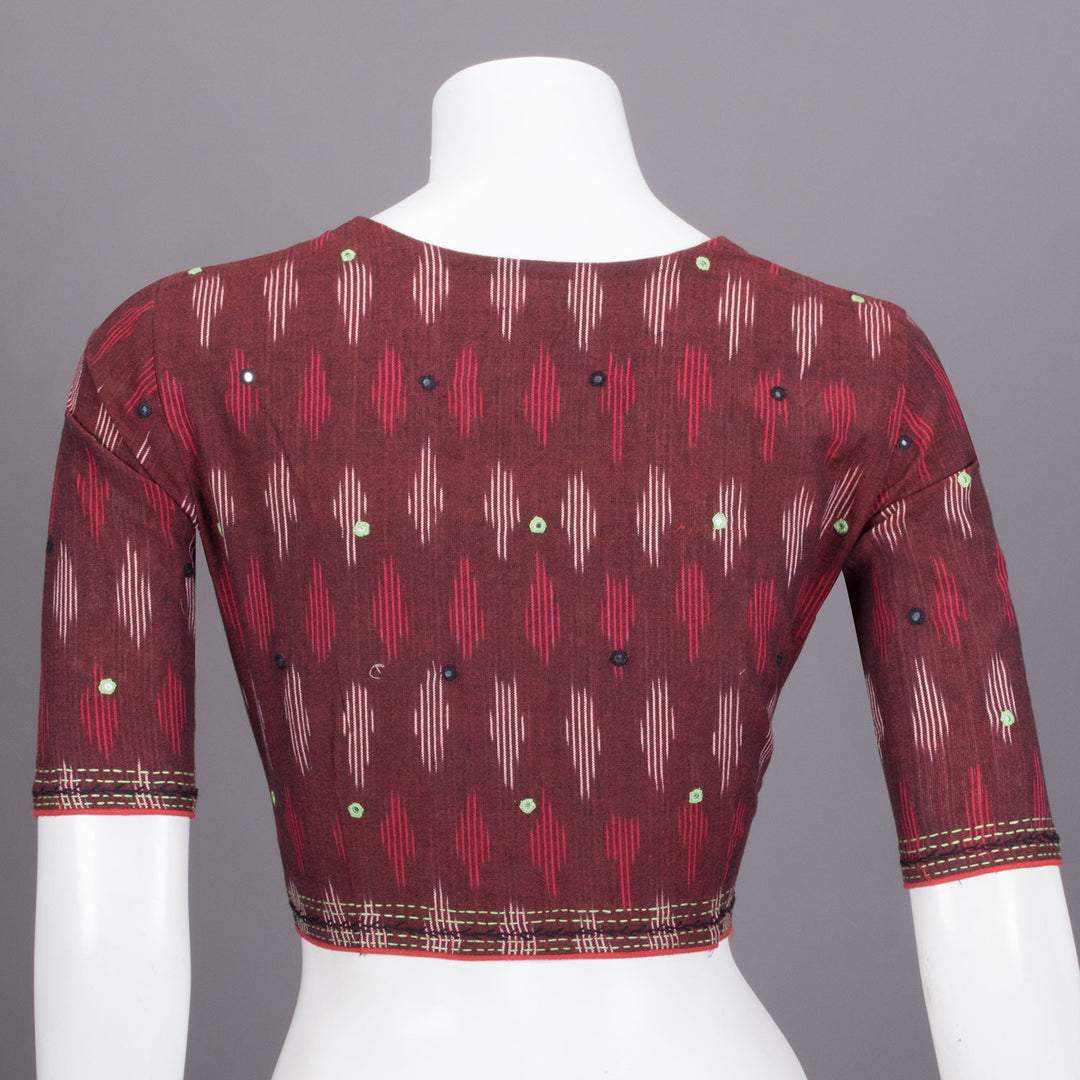 Maroon Ikat Mirror Work Embroidered Cotton Blouse