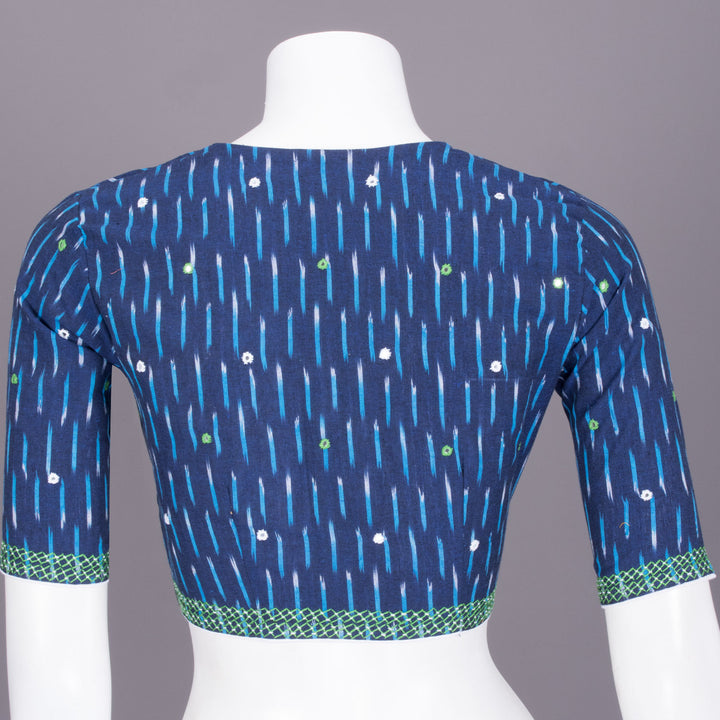 Blue Ikat Mirror Work Embroidered Cotton Blouse