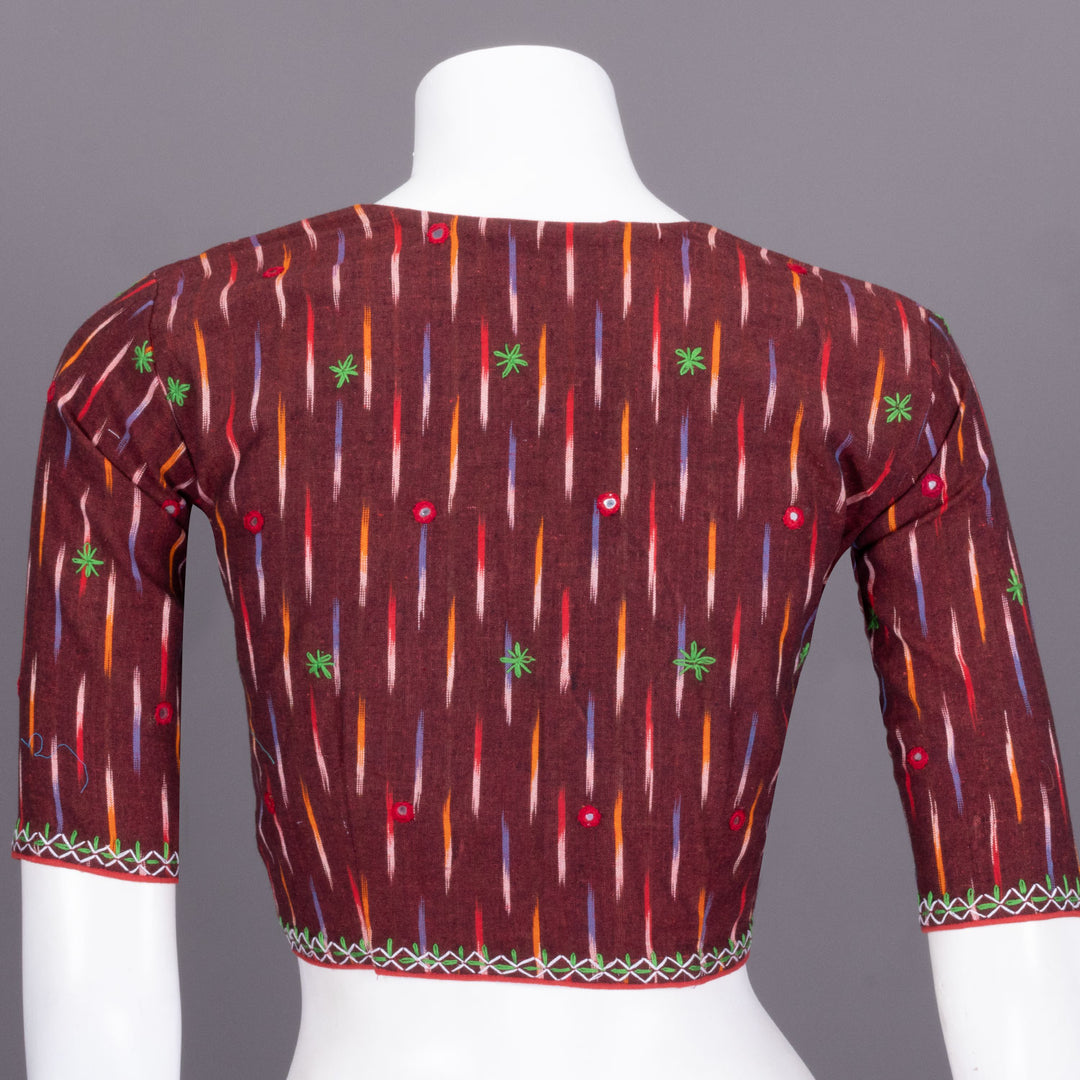 Maroon Ikat Mirror Work Embroidered Cotton Blouse