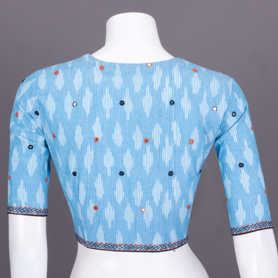 Blue Ikat Mirror Work Embroidered Cotton Blouse