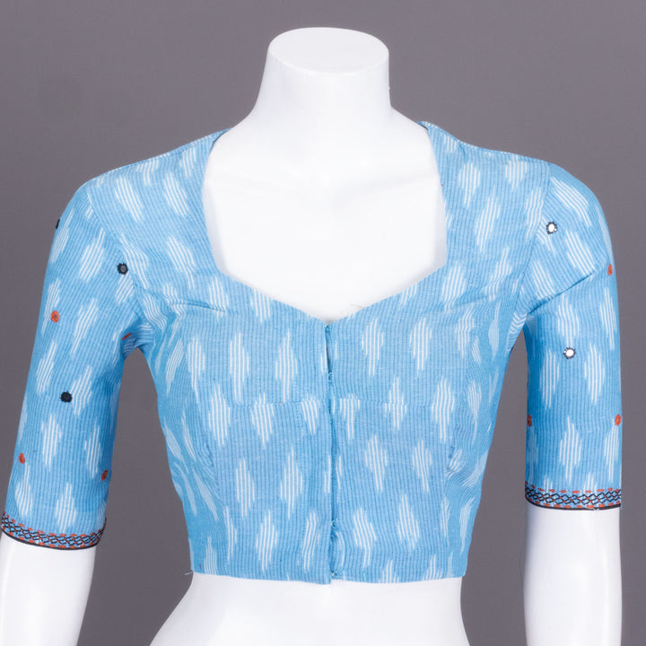 Blue Ikat Mirror Work Embroidered Cotton Blouse