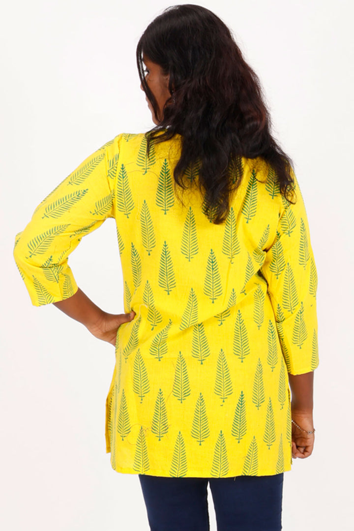 Yellow Gamthi Print Cotton Kurti 