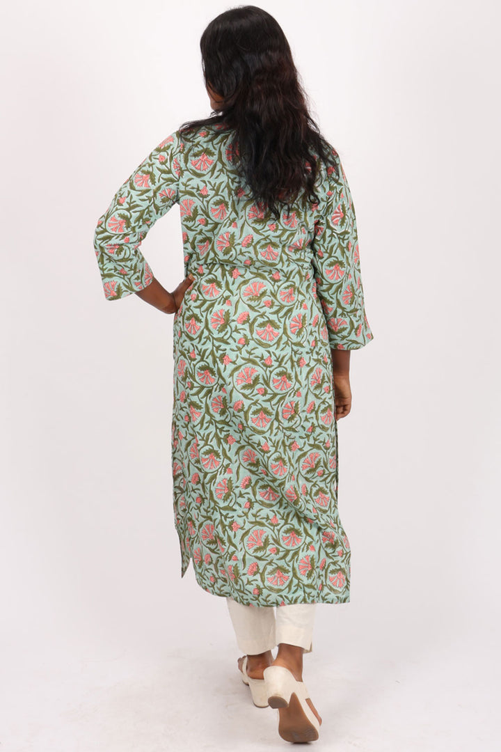 Green Hand Block Printed Cotton Kurta 