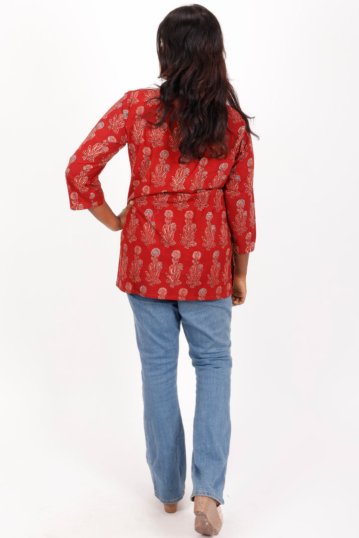 Red Ajrakh Printed Cotton Kurti 