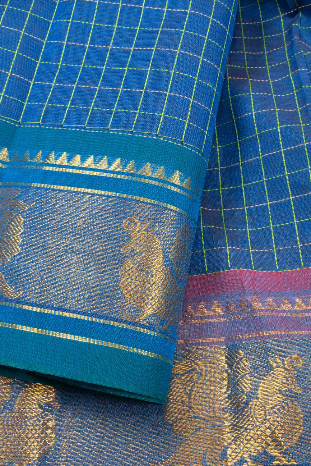 Blue Handloom Chettinad Cotton Saree Without Blouse 10072578