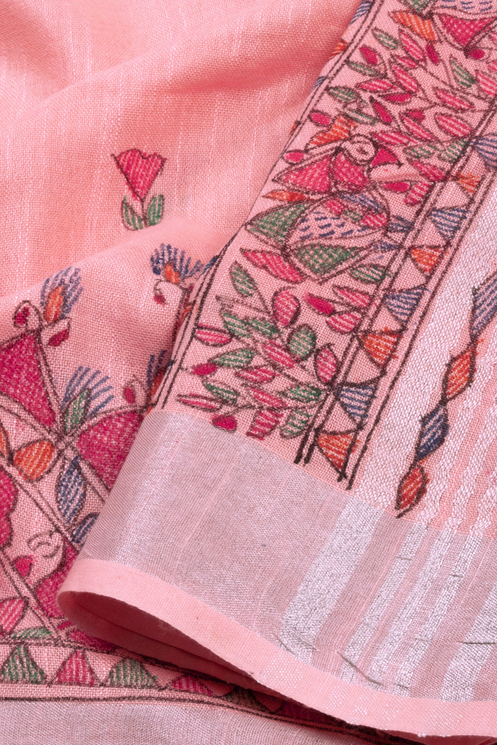 Peach Madhubani Linen Saree 10072726