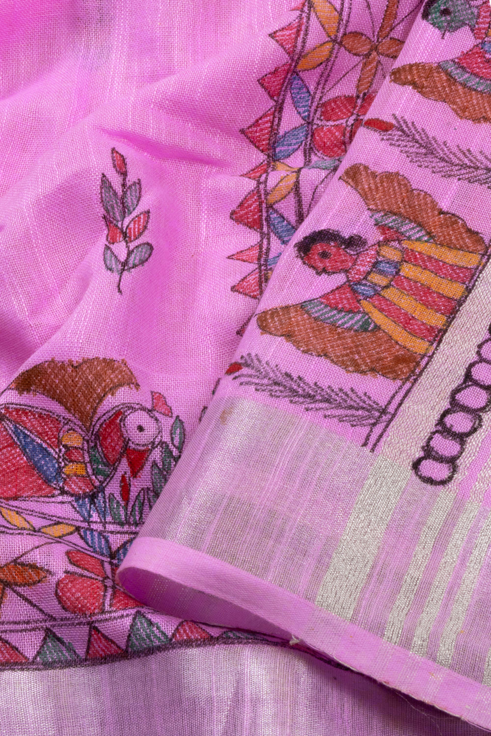 Pink Hand Painted Madhubani Linen Saree 10072727