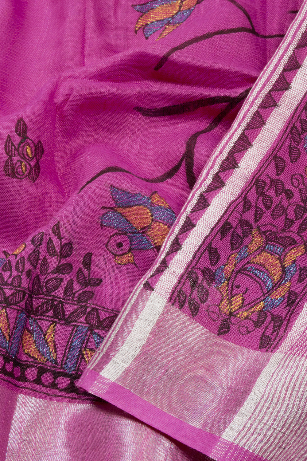 Pink Hand Painted Madhubani Linen Saree 10072728